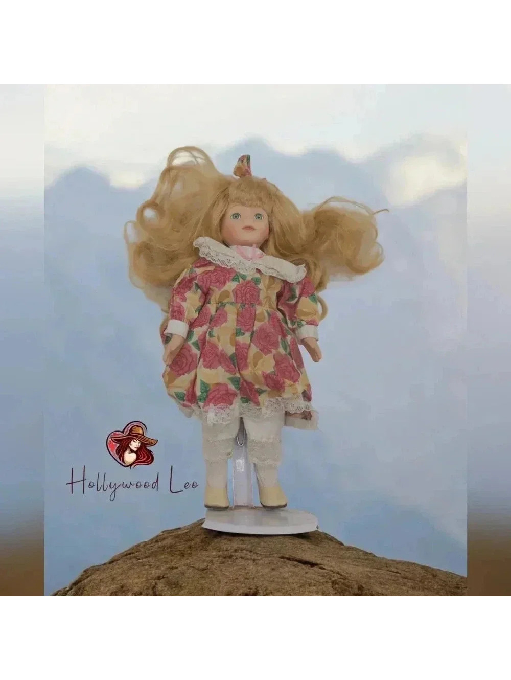 Dandee Dolls Porcelain Doll Blonde Hair Blue eyes Floral Dress 13 in